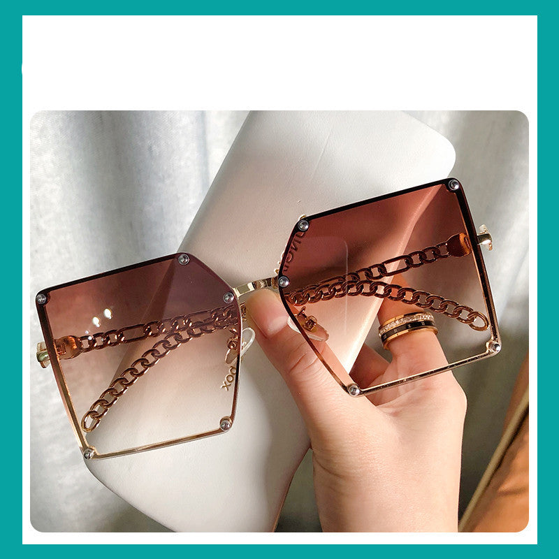 Frameless Big Square Sunglasses Women Fashion Personality Metal Chain Trendy Glasses