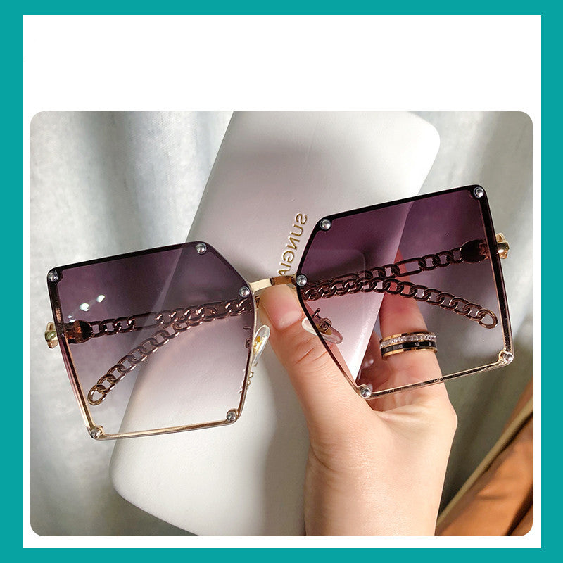 Frameless Big Square Sunglasses Women Fashion Personality Metal Chain Trendy Glasses