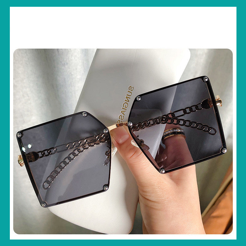 Frameless Big Square Sunglasses Women Fashion Personality Metal Chain Trendy Glasses