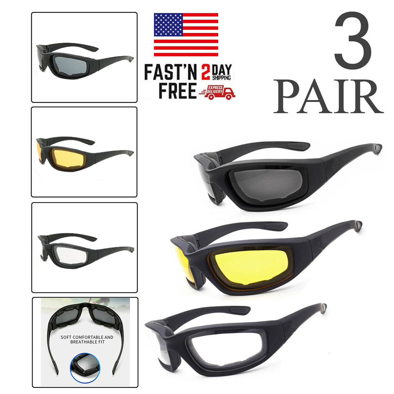 Cycling Sunglasses Chopper Outdoor Sports Glasses For Men Wrap Around UV400 Protection For Fishing Driving Glasses Wind Resistant Clear Yellow Gray Lens 3 Pack